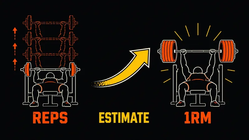 Diagram: a lifter pressing a lighter loaded barbell for several reps on the left, an arrow, and a heavier single-rep barbell on the right representing the estimated one-rep max