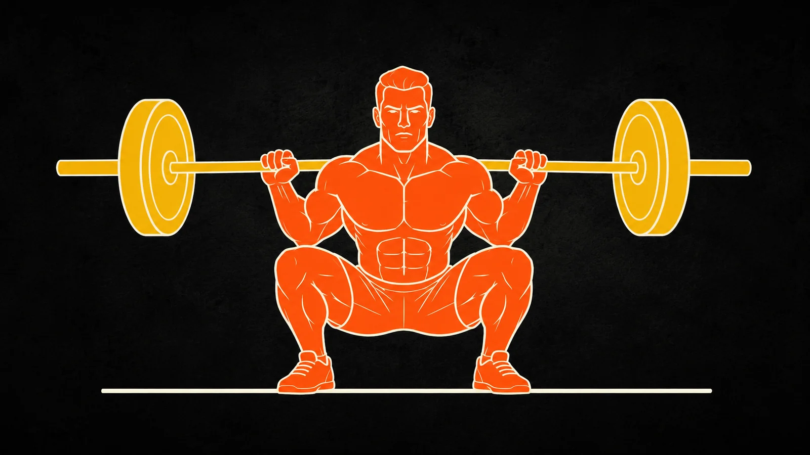 Illustration of a lifter at the bottom of a barbell back squat with a loaded barbell across the shoulders